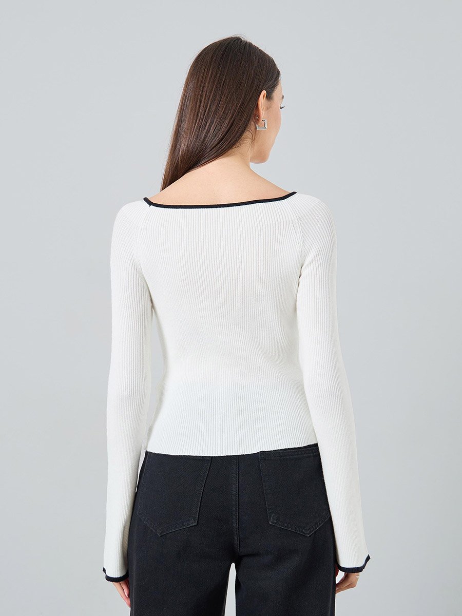 Solid Wide Neck Long Flare Sleeve Top
