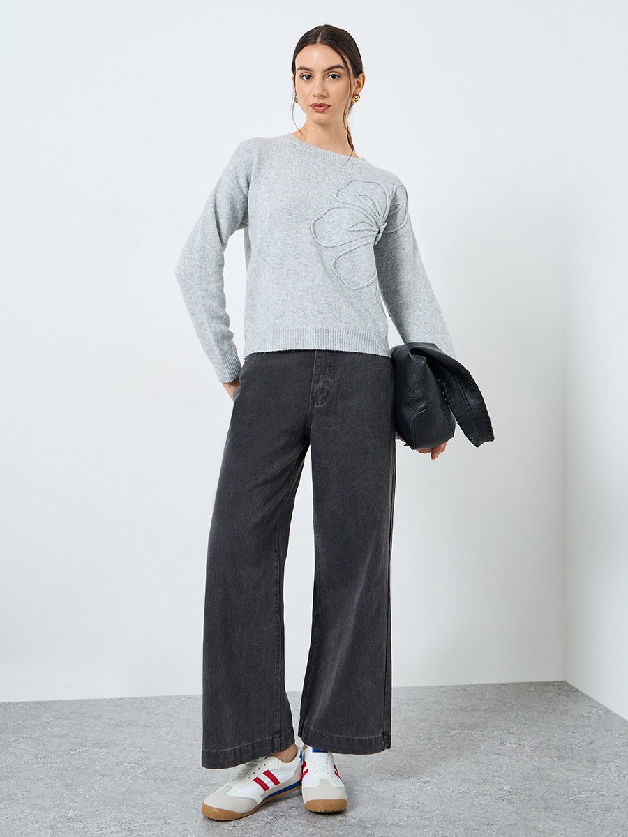 Grey Floral Applique Knit Sweater