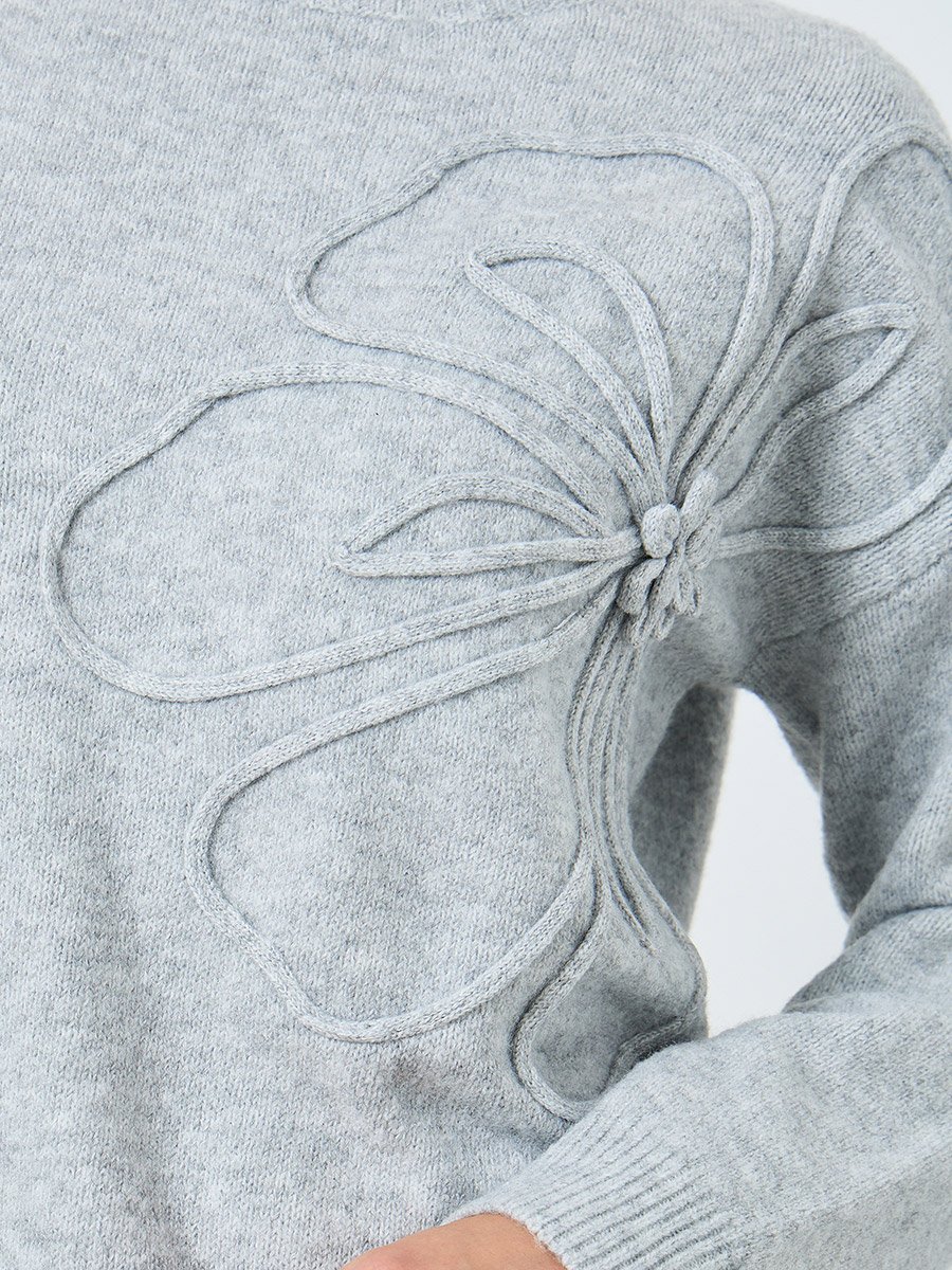 Grey Floral Applique Knit Sweater