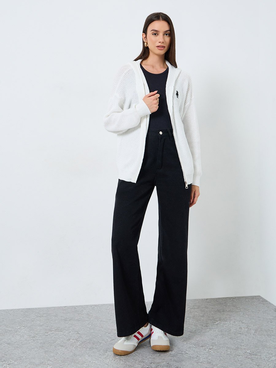White Knit Hooded Cardigan with Zip-Up