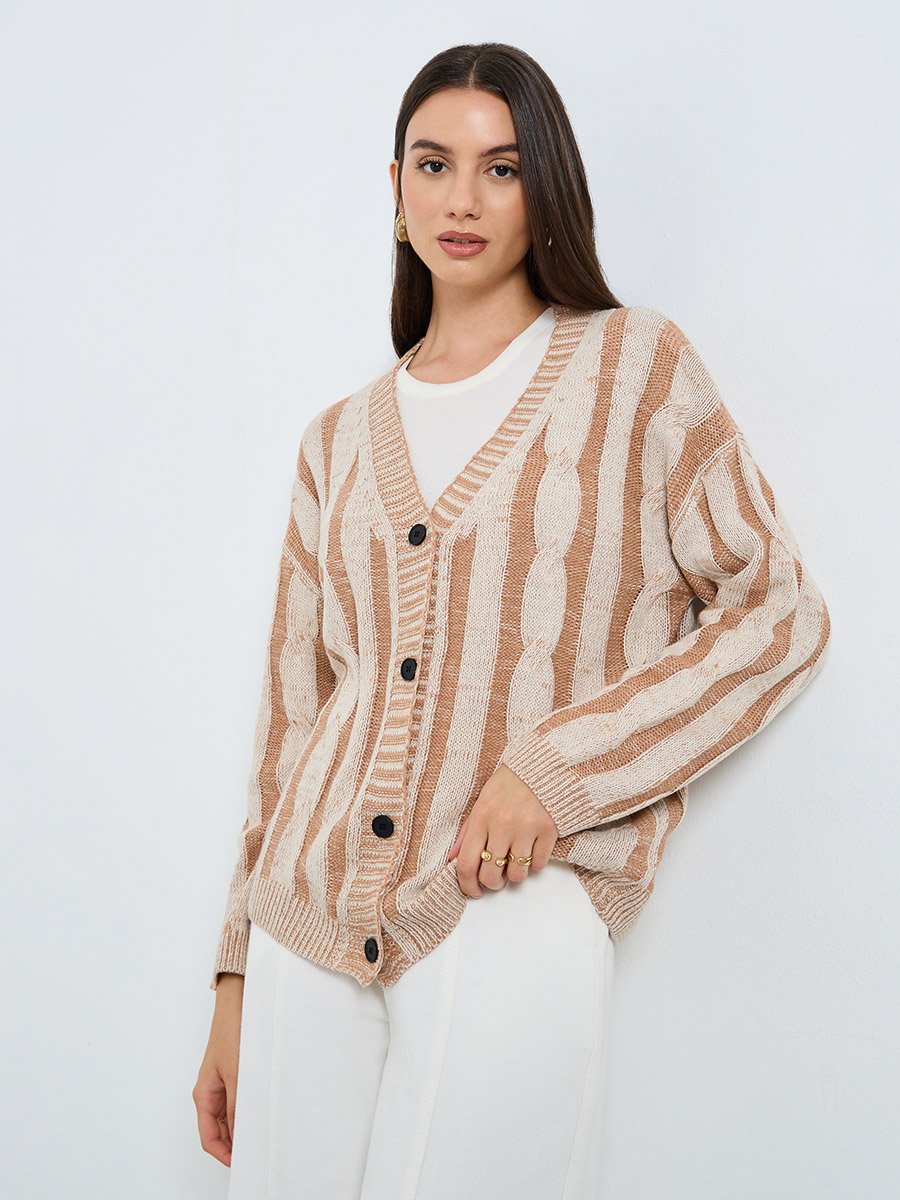 Beige Striped Cable Knit Cardigan