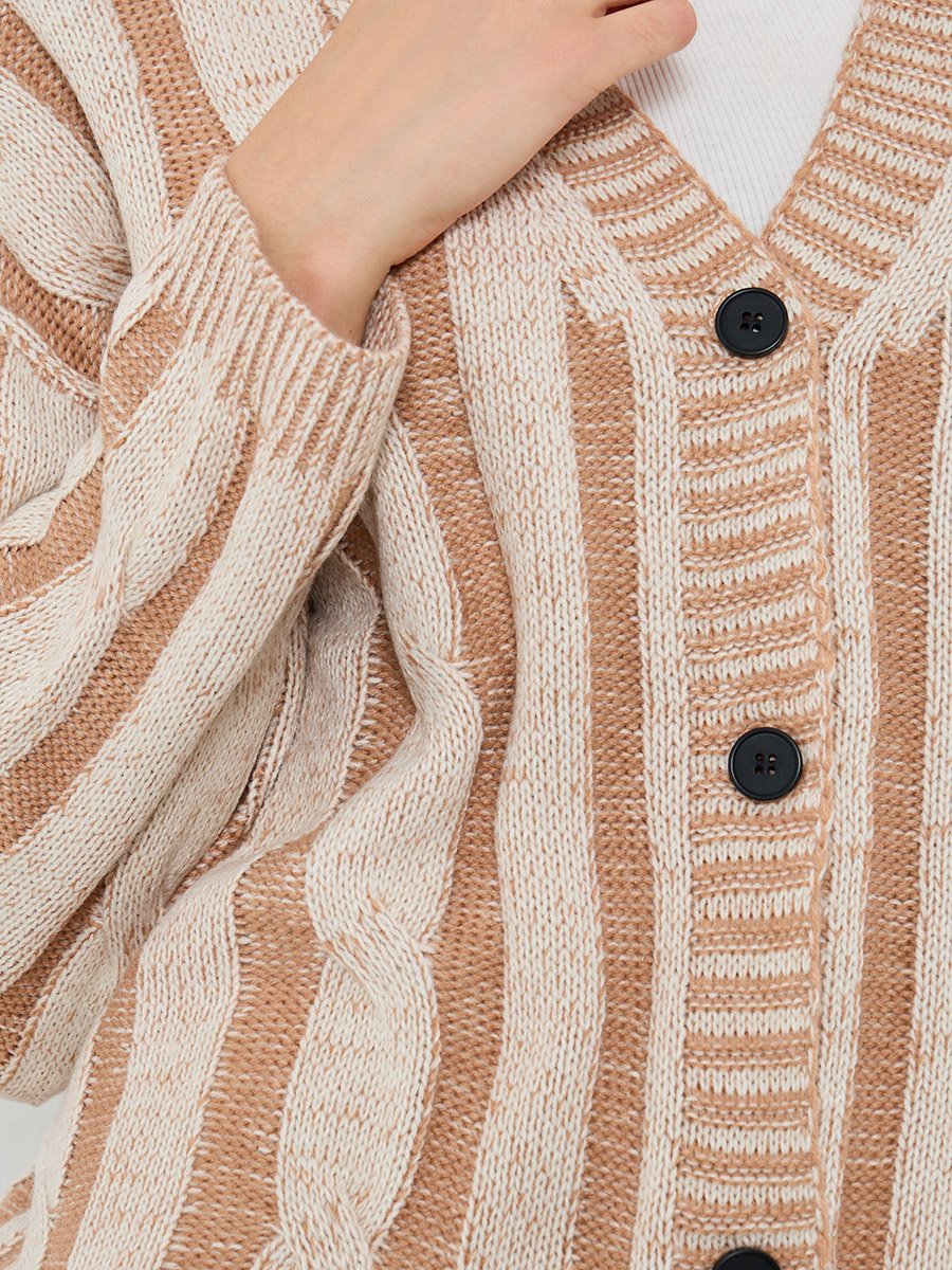 Beige Striped Cable Knit Cardigan