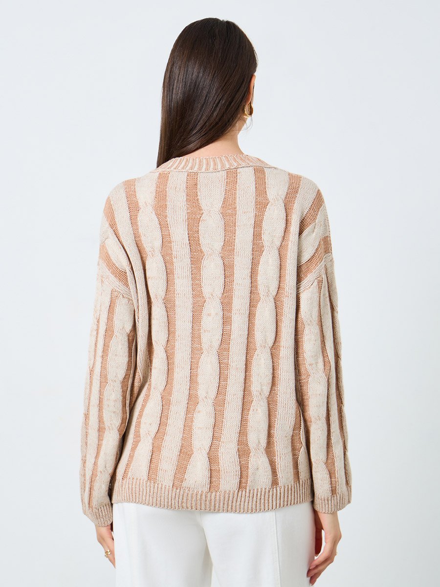 Beige Striped Cable Knit Cardigan