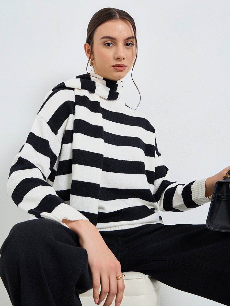 Striped Relaxed Fit Sweater with Neck Scarf