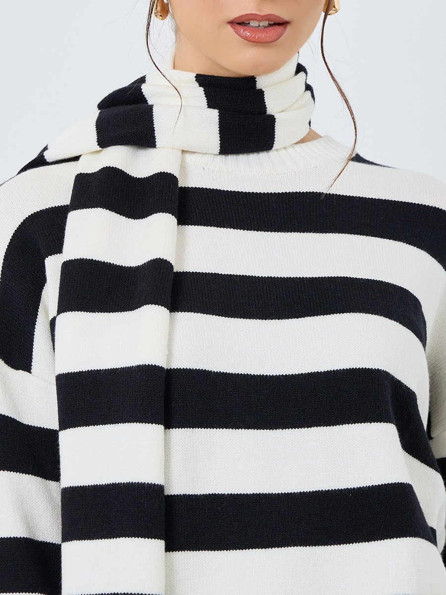 Striped Relaxed Fit Sweater with Neck Scarf