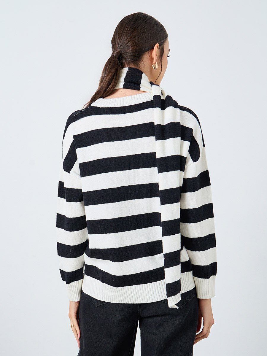 Striped Relaxed Fit Sweater with Neck Scarf