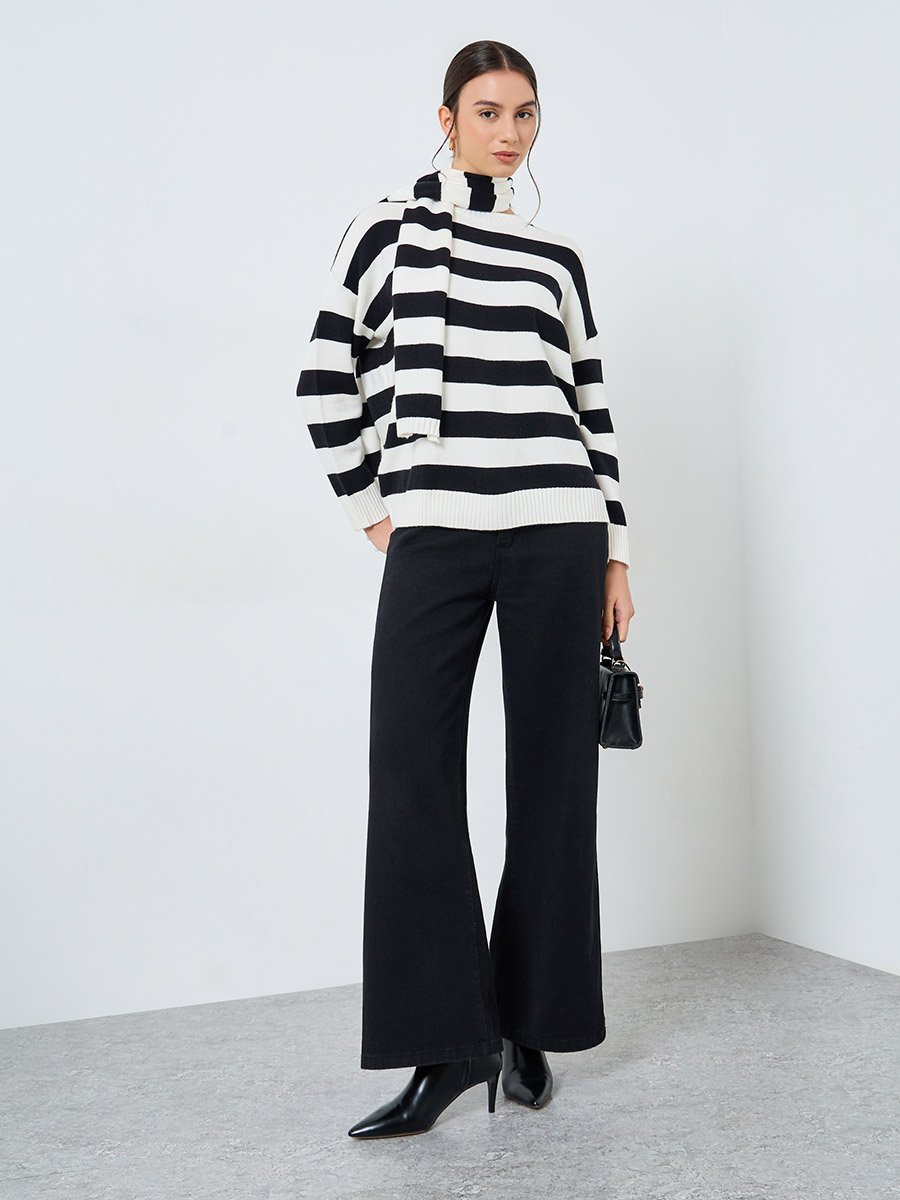 Striped Relaxed Fit Sweater with Neck Scarf