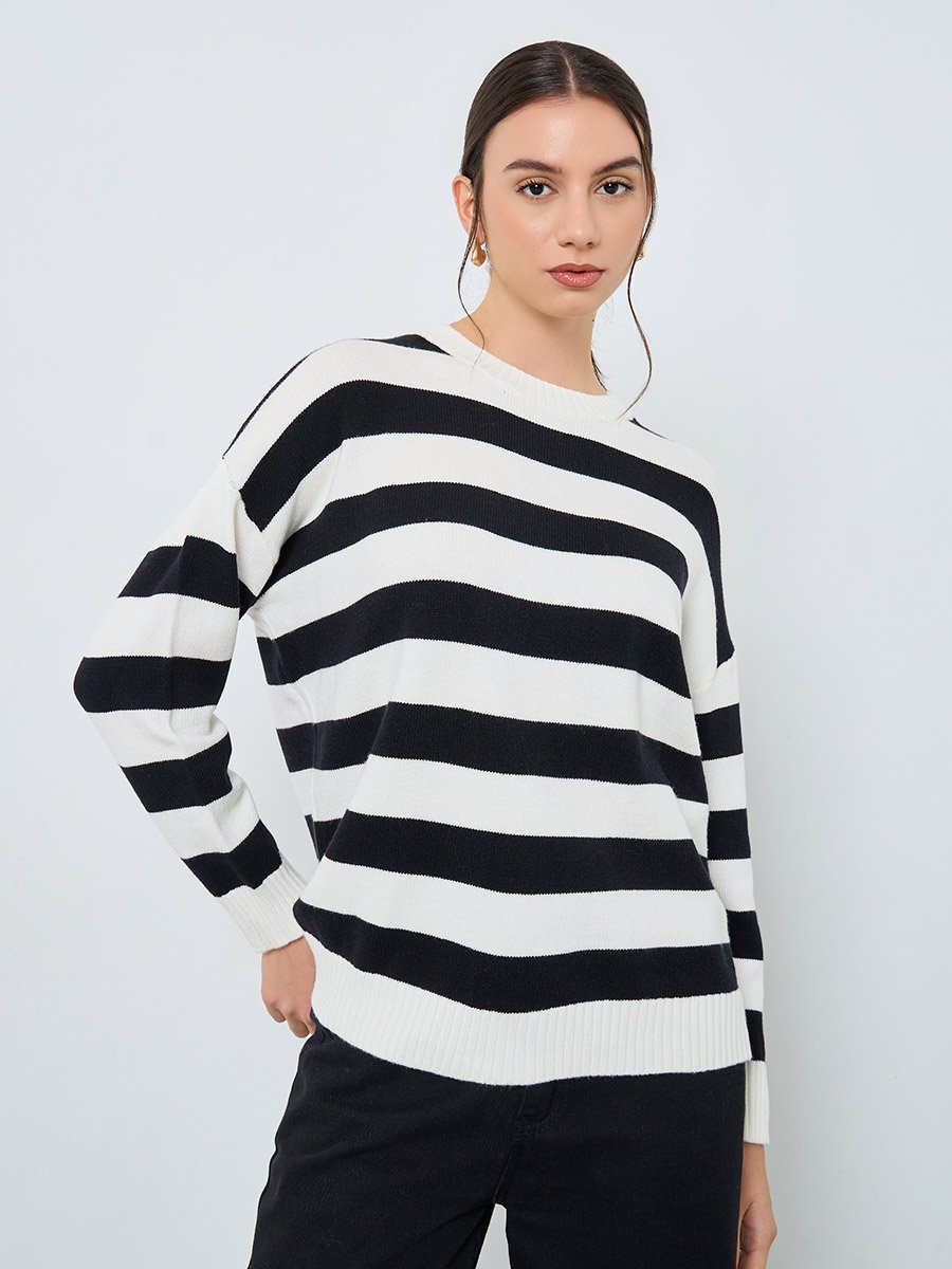 Striped Relaxed Fit Sweater with Neck Scarf