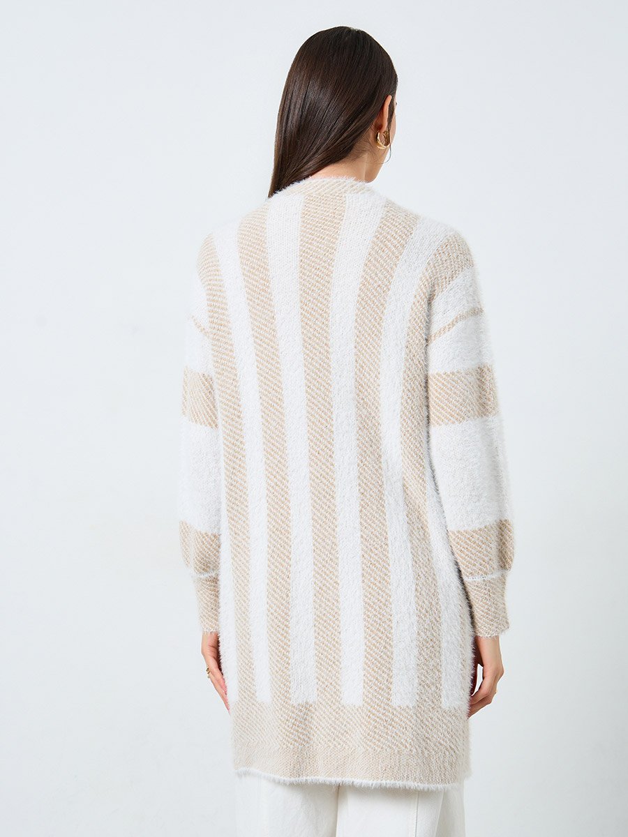 Striped Open Front Furry Knit Cardigan