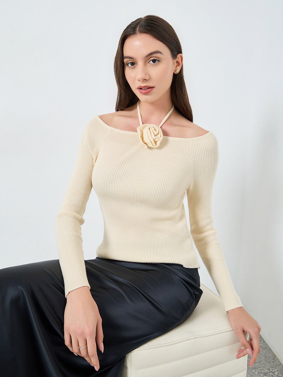 Solid Wide Neck Flower Detail Top