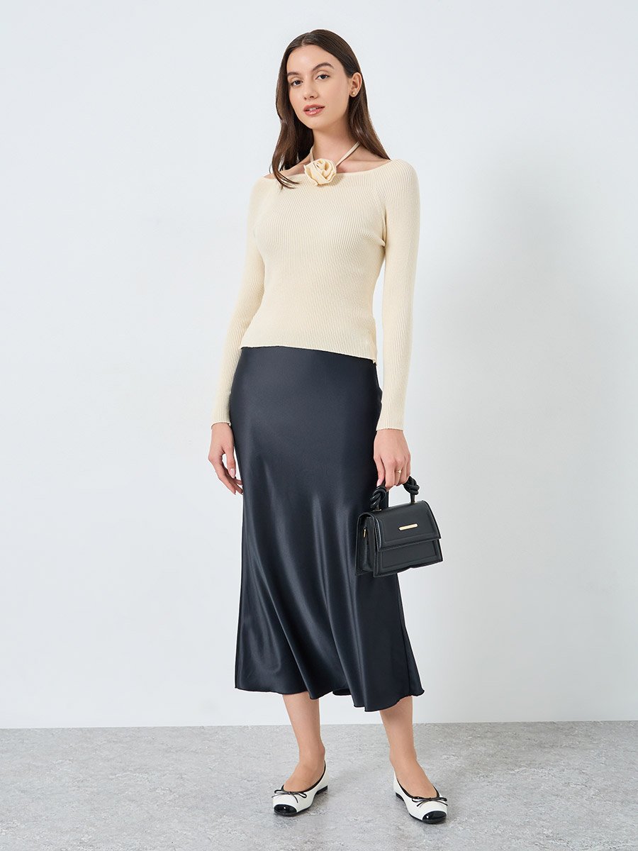 Solid Wide Neck Flower Detail Top