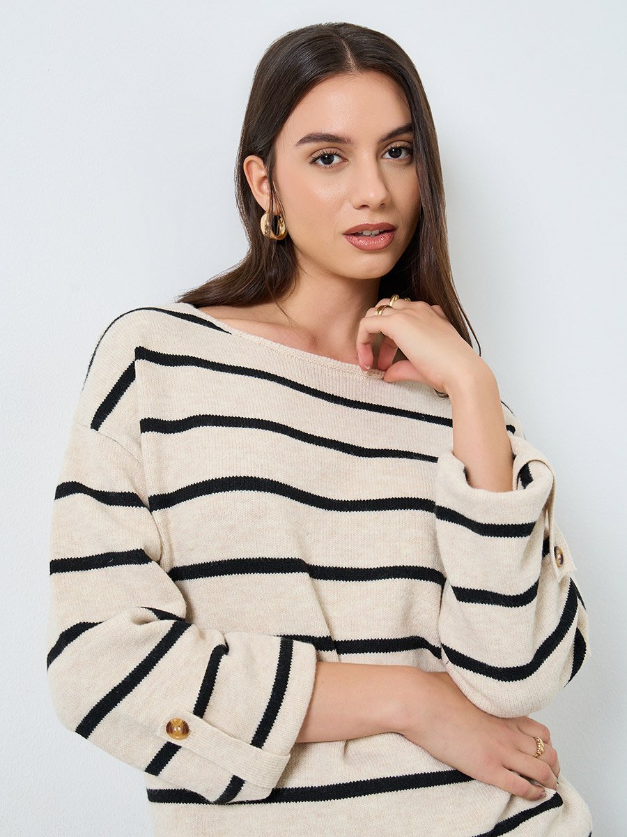 Beige Striped Boat Neck Sweater