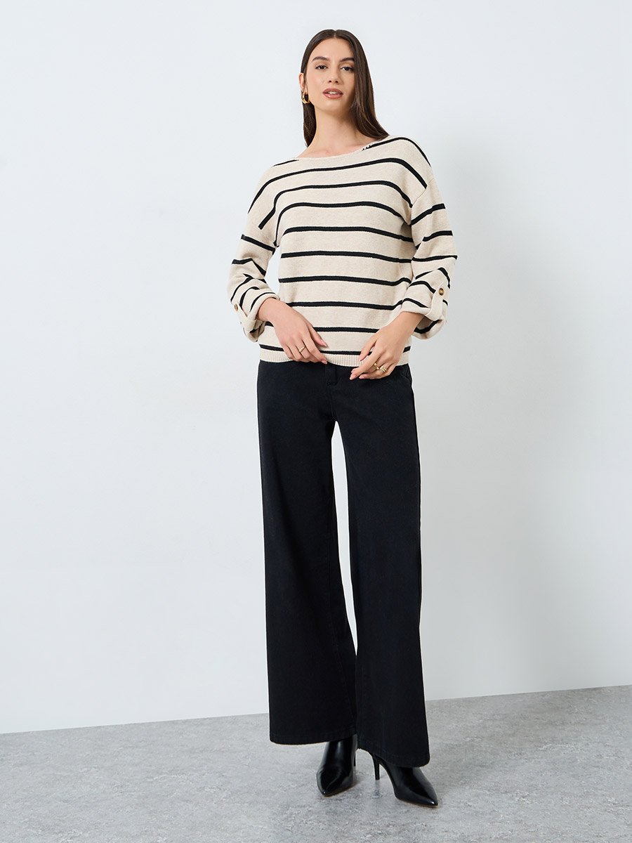 Beige Striped Boat Neck Sweater