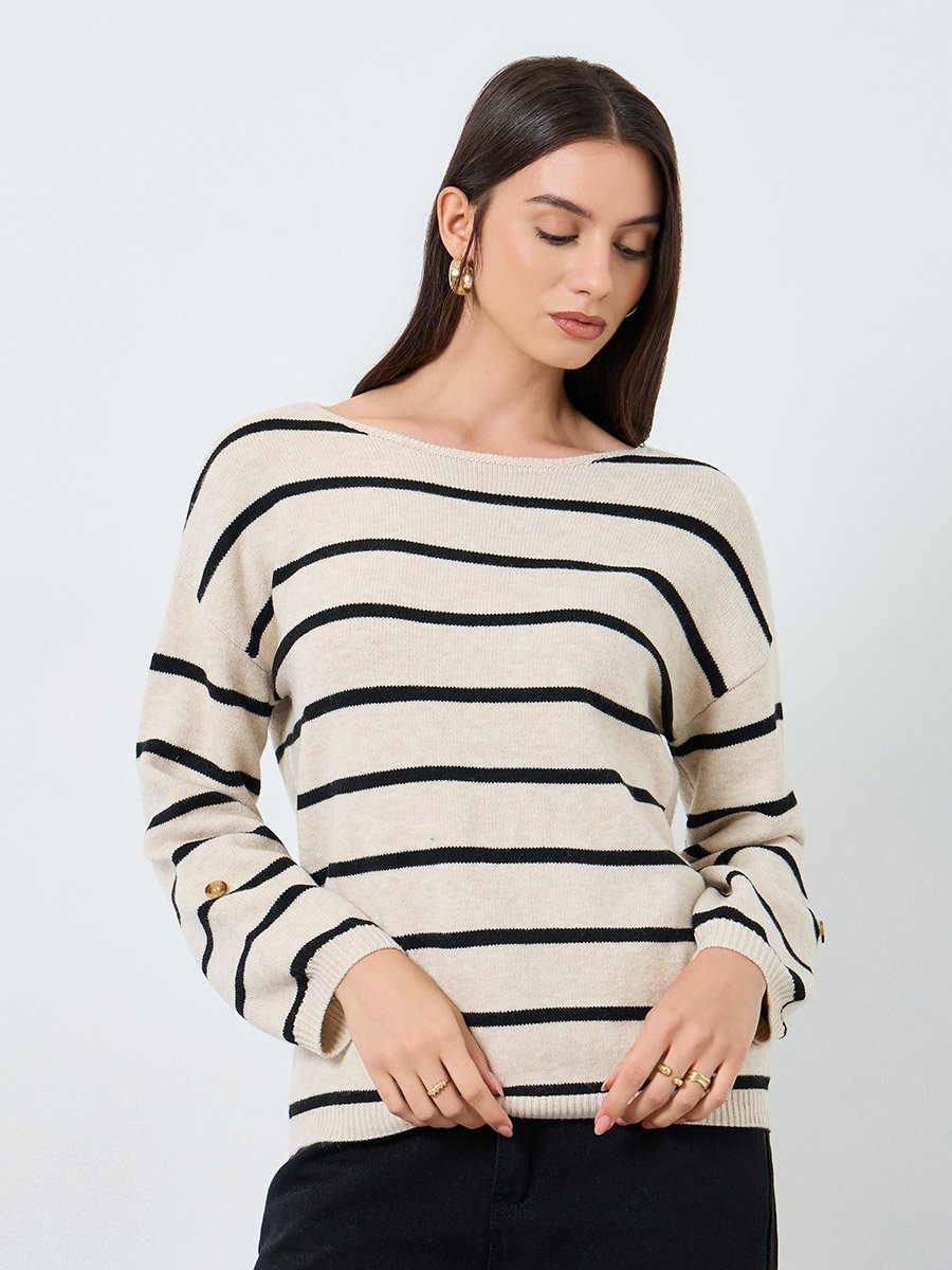 Beige Striped Boat Neck Sweater