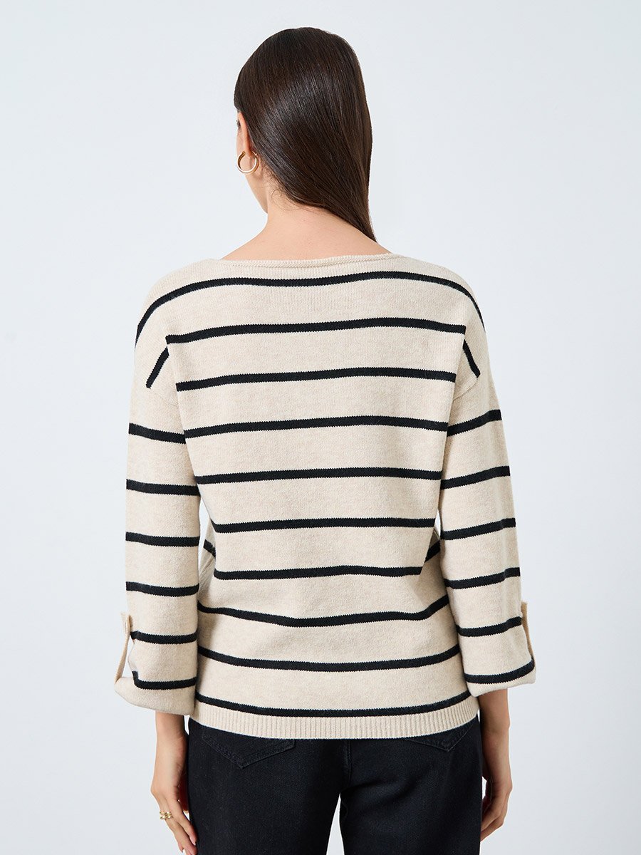 Beige Striped Boat Neck Sweater