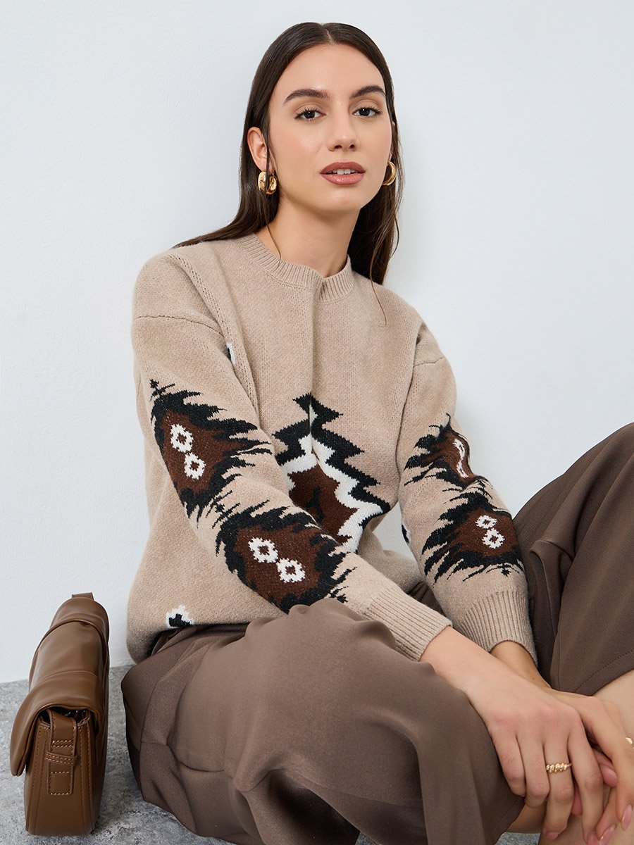 Beige Tribal Pattern Knit Sweater