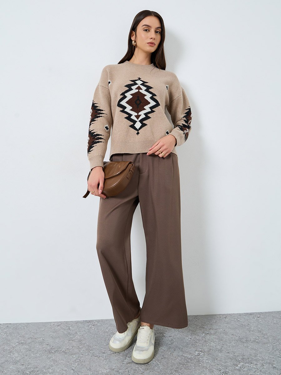 Beige Tribal Pattern Knit Sweater