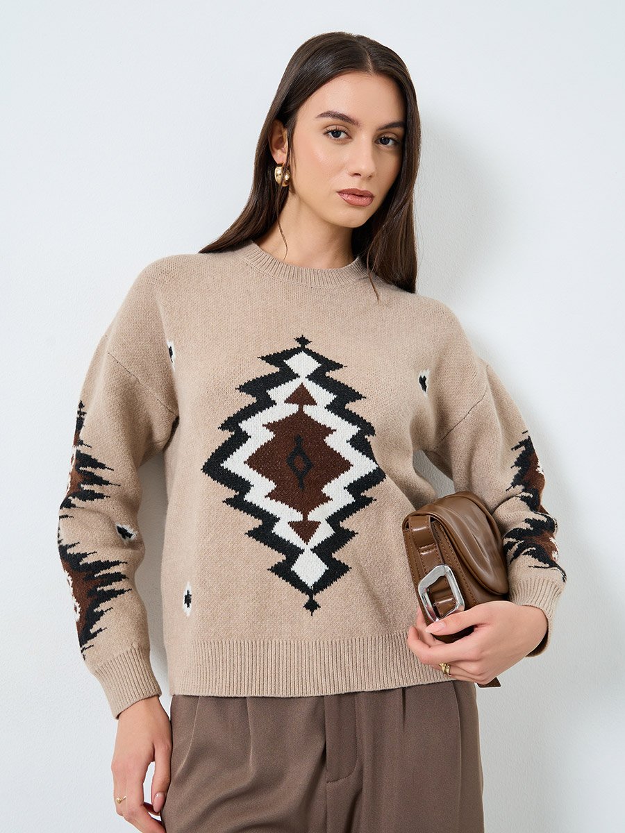 Beige Tribal Pattern Knit Sweater