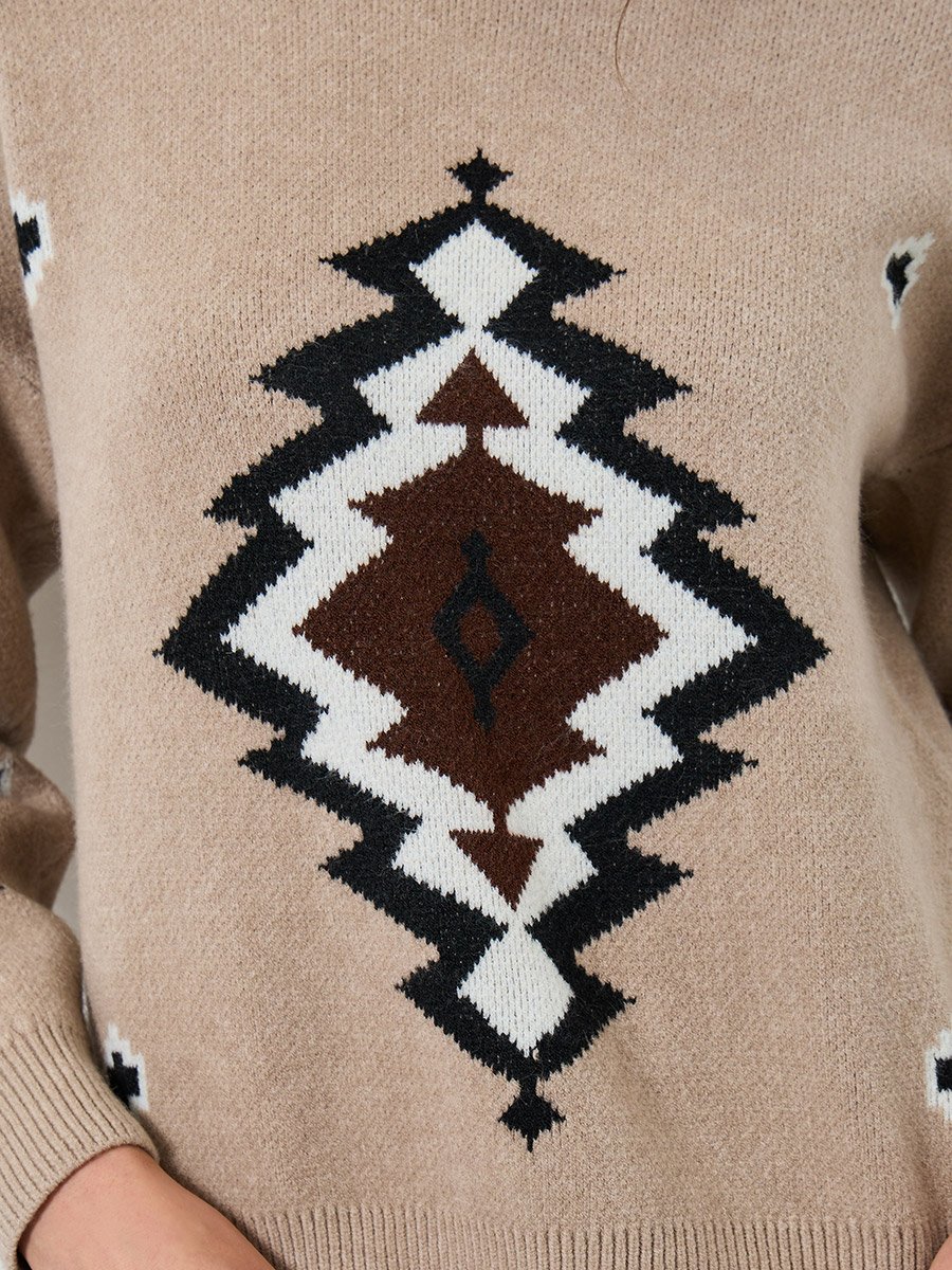 Beige Tribal Pattern Knit Sweater