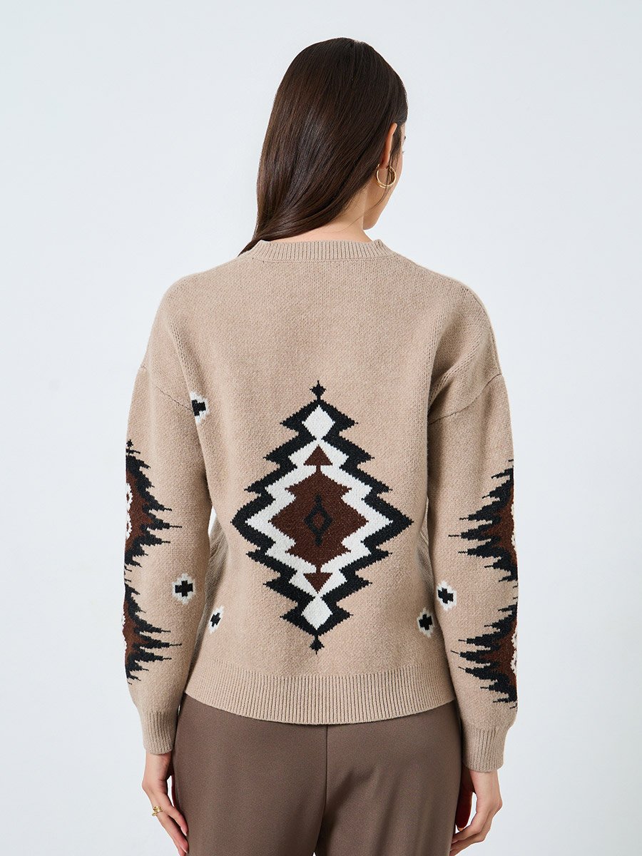 Beige Tribal Pattern Knit Sweater