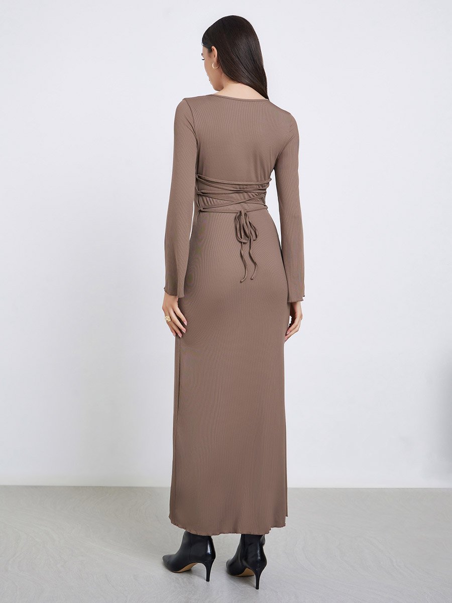 Brown Square Neck Ribbed Maxi Dress For Women at Saudi | Styli Brown Square Neck Ribbed Maxi Dress For Women at Saudi | Styli