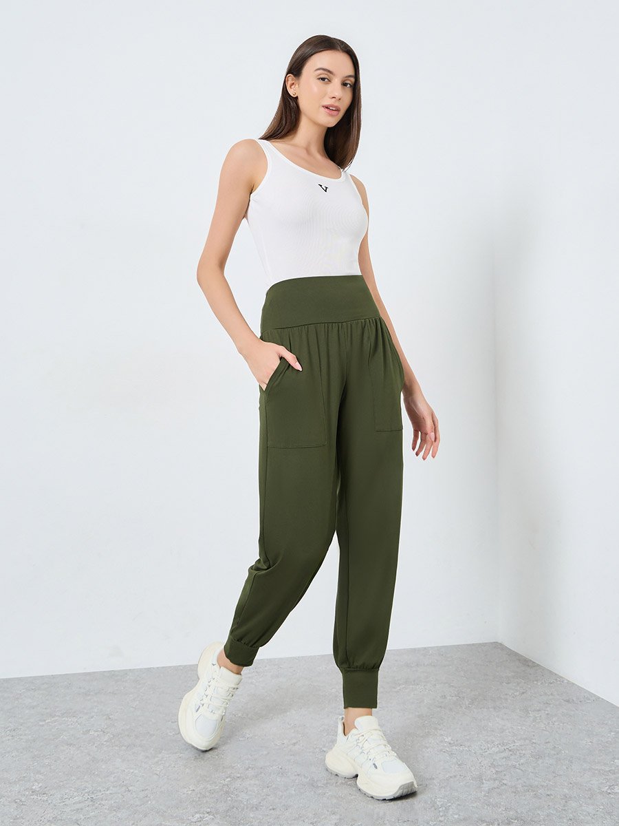 Solid Elastic Waist Pocket Detail Pants
