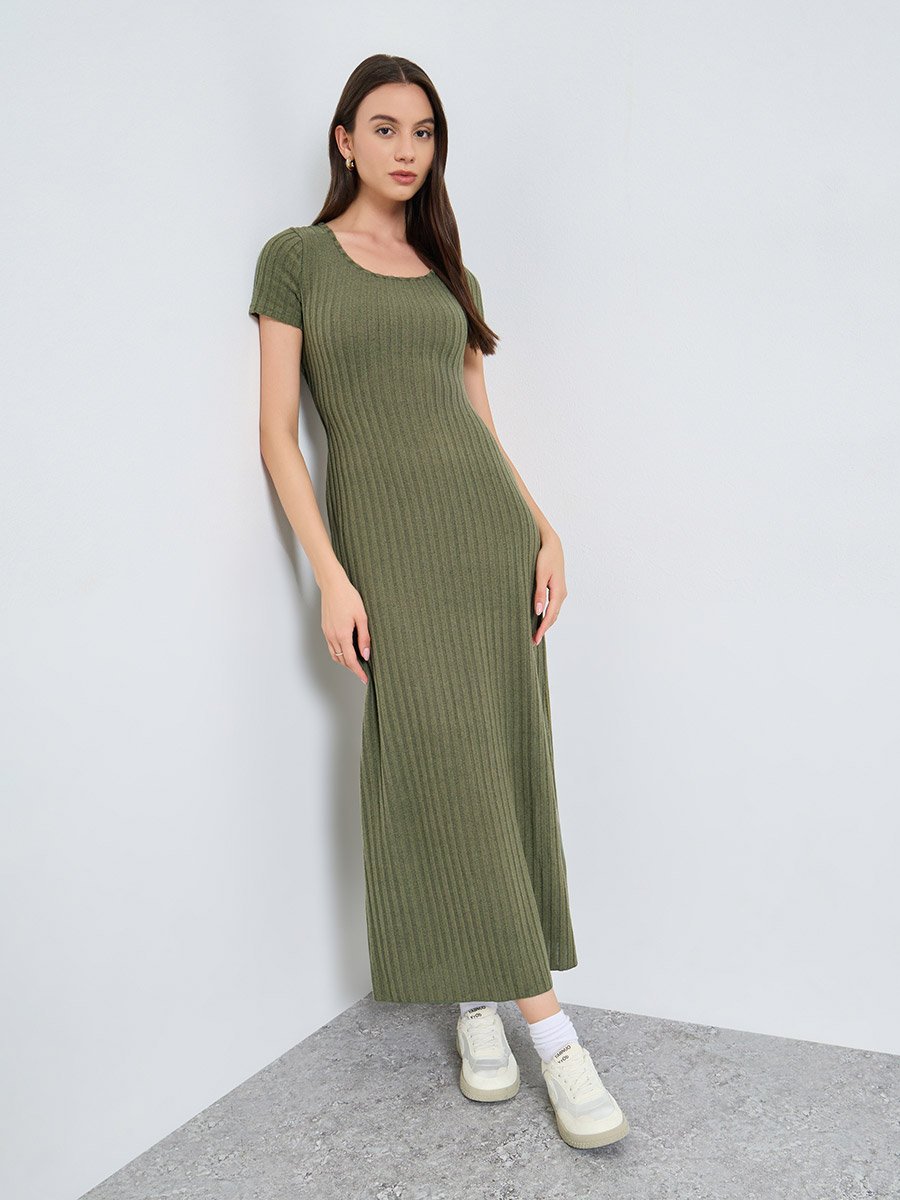 Ribbed Square Neck Fitted Knit Maxi Dress For Women at UAE | Styli