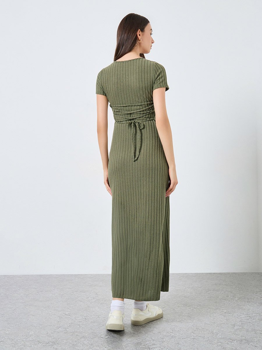 Ribbed Square Neck Fitted Knit Maxi Dress For Women at UAE | Styli Ribbed Square Neck Fitted Knit Maxi Dress For Women at UAE | Styli