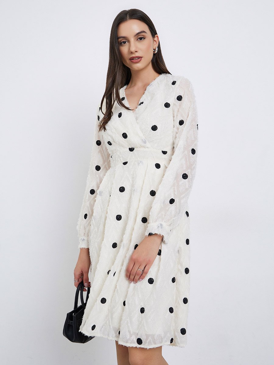 Polka Dot Frayed Knee Length Dress