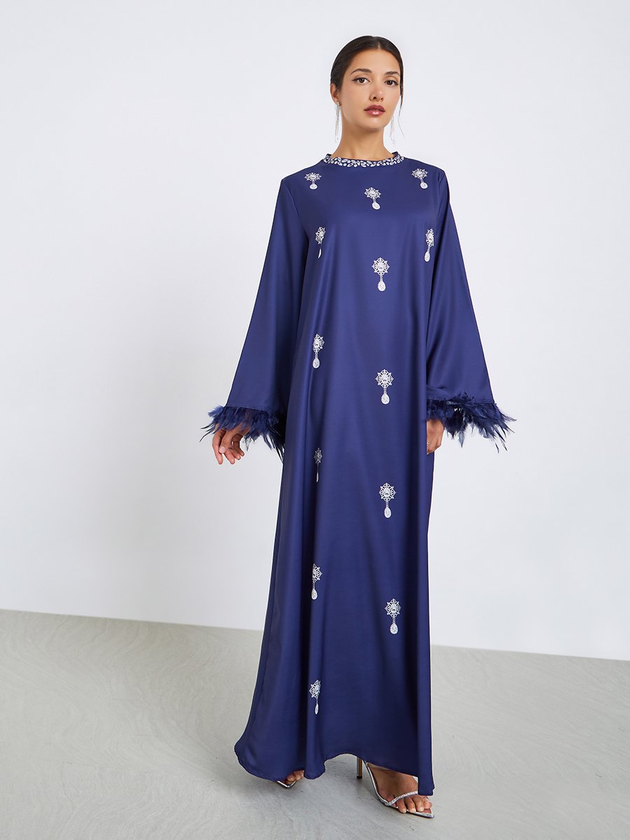 Women Printed Jalabiya with Faux Feather Trim