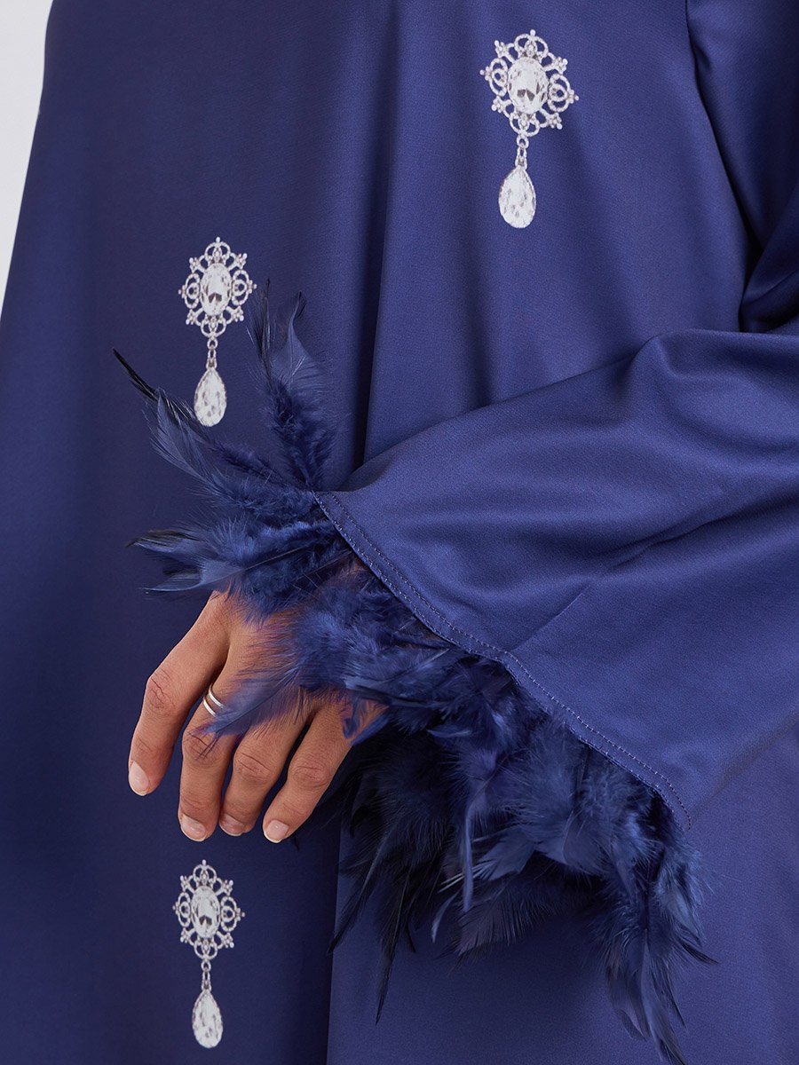Women Printed Jalabiya with Faux Feather Trim