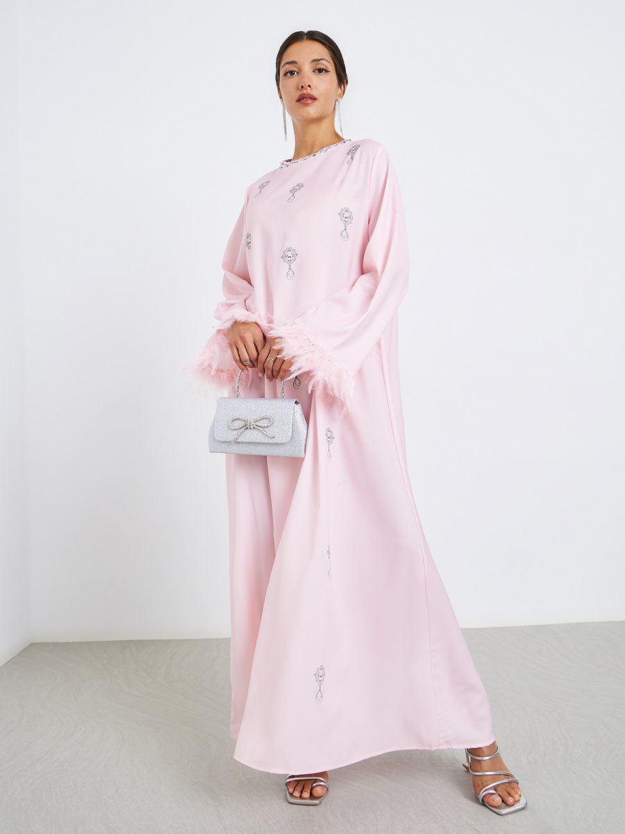 Women Printed Jalabiya with Faux Feather Trim