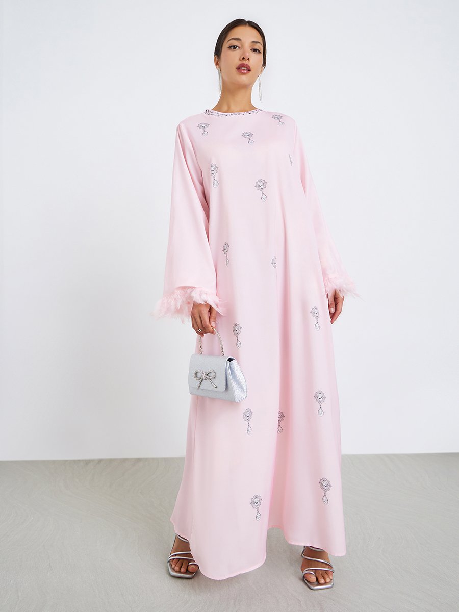 Women Printed Jalabiya with Faux Feather Trim