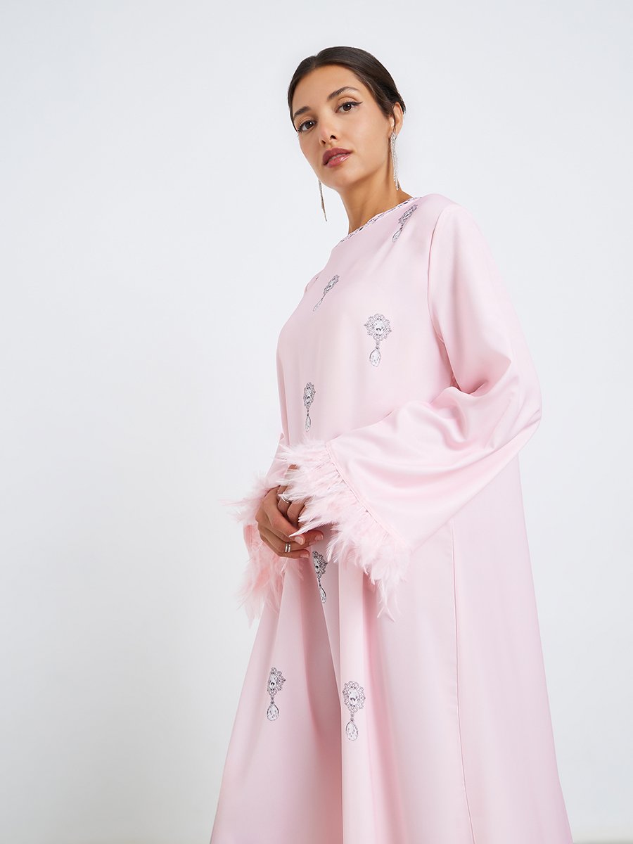 Women Printed Jalabiya with Faux Feather Trim