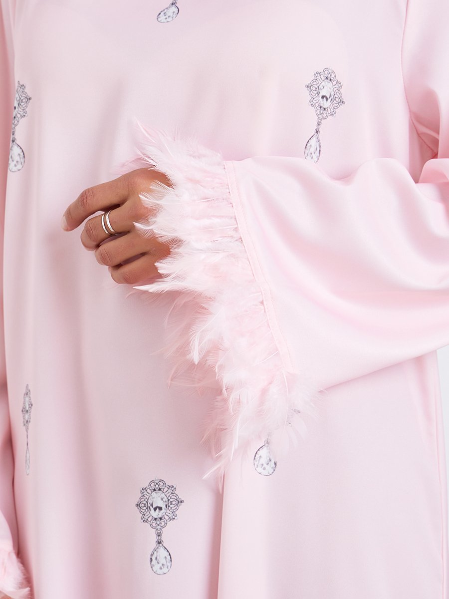Women Printed Jalabiya with Faux Feather Trim