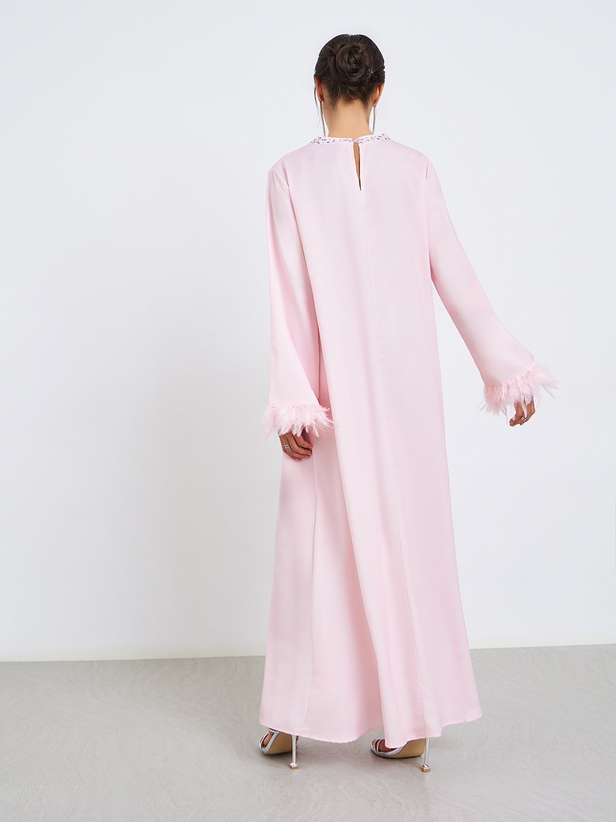 Women Printed Jalabiya with Faux Feather Trim
