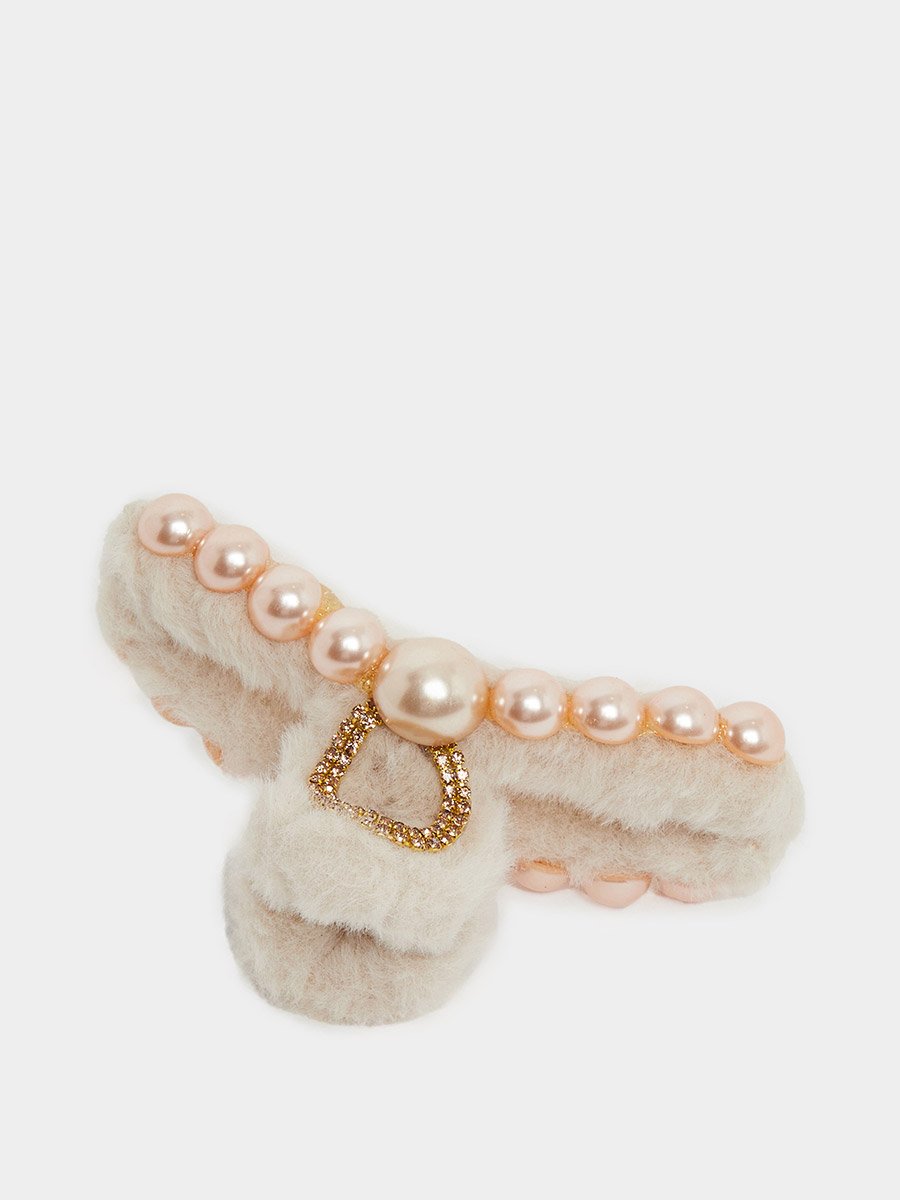 Beige Faux Fur Pearl Hair Claw