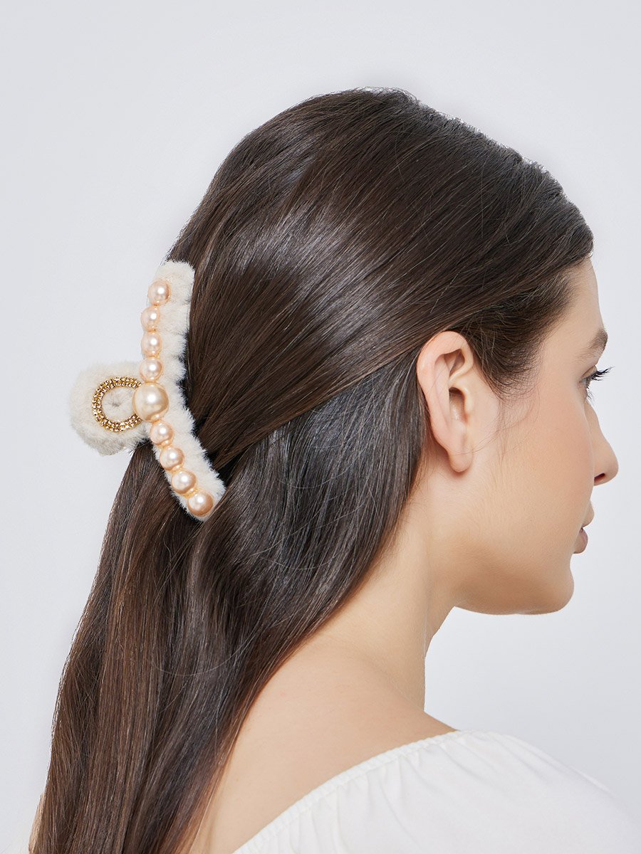 Beige Faux Fur Pearl Hair Claw