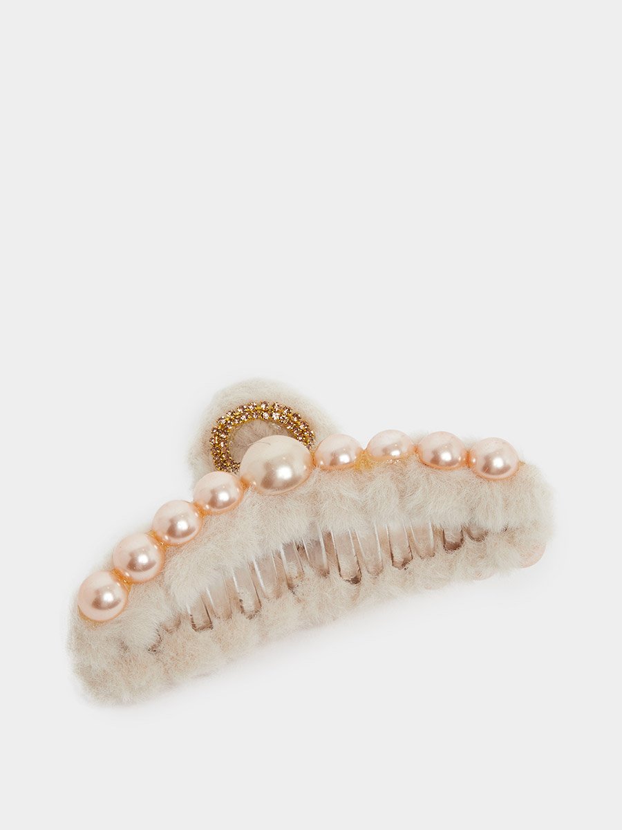Beige Faux Fur Pearl Hair Claw
