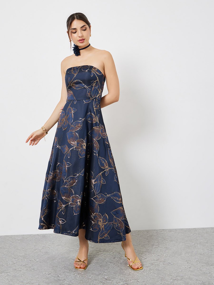 Navy Blue Floral Bandeau Neck A-Line Maxi Dress