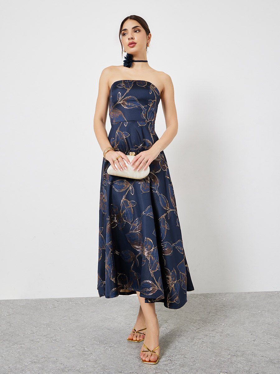 Navy Blue Floral Bandeau Neck A-Line Maxi Dress
