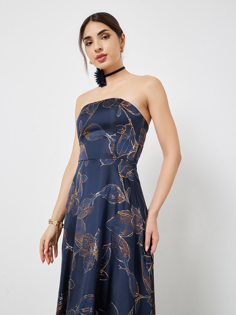Navy Blue Floral Bandeau Neck A-Line Maxi Dress