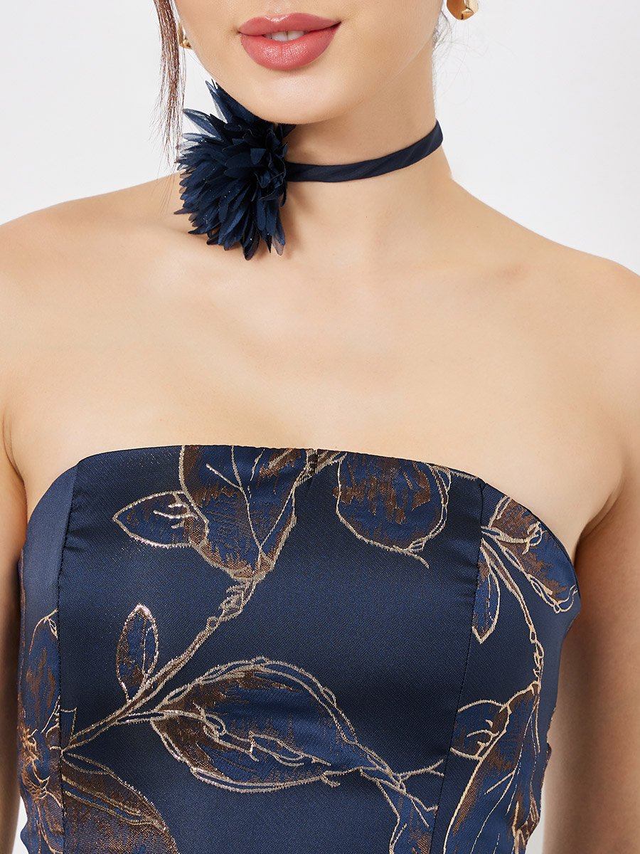 Navy Blue Floral Bandeau Neck A-Line Maxi Dress
