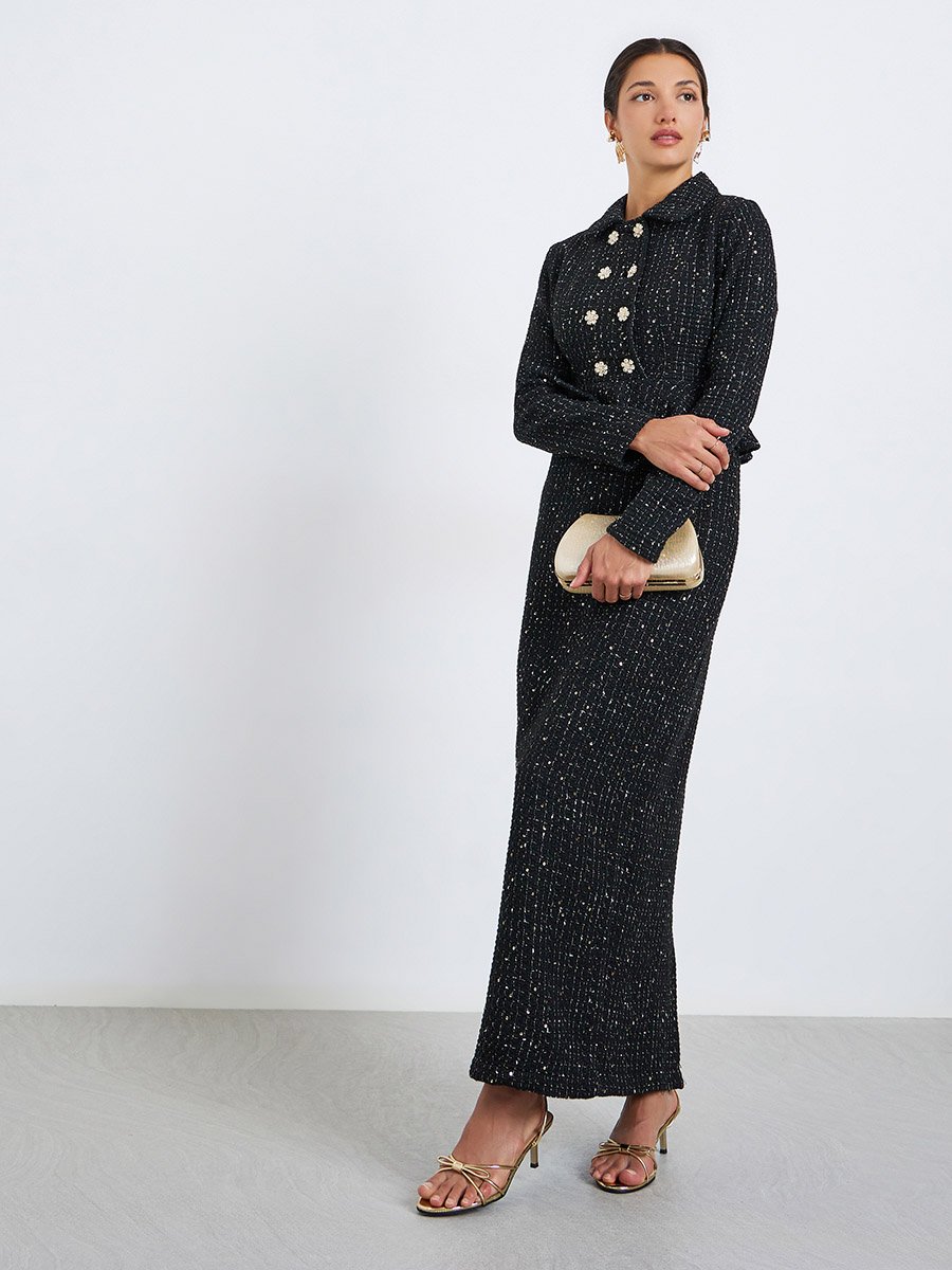 Women Black Tweed Double Breasted Blazer Maxi Dress