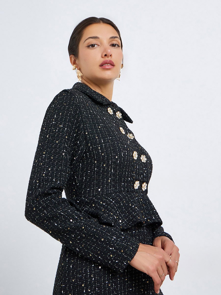 Women Black Tweed Double Breasted Blazer Maxi Dress