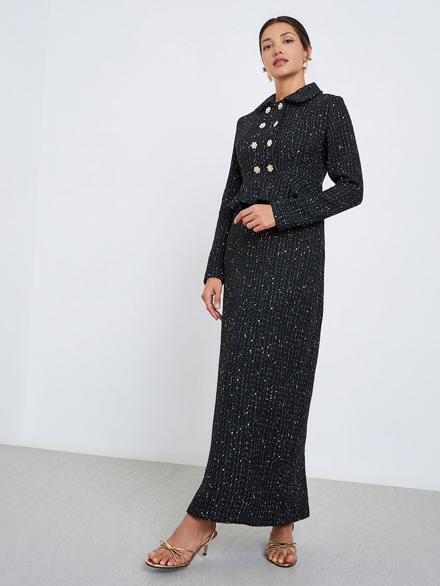 Women Black Tweed Double Breasted Blazer Maxi Dress