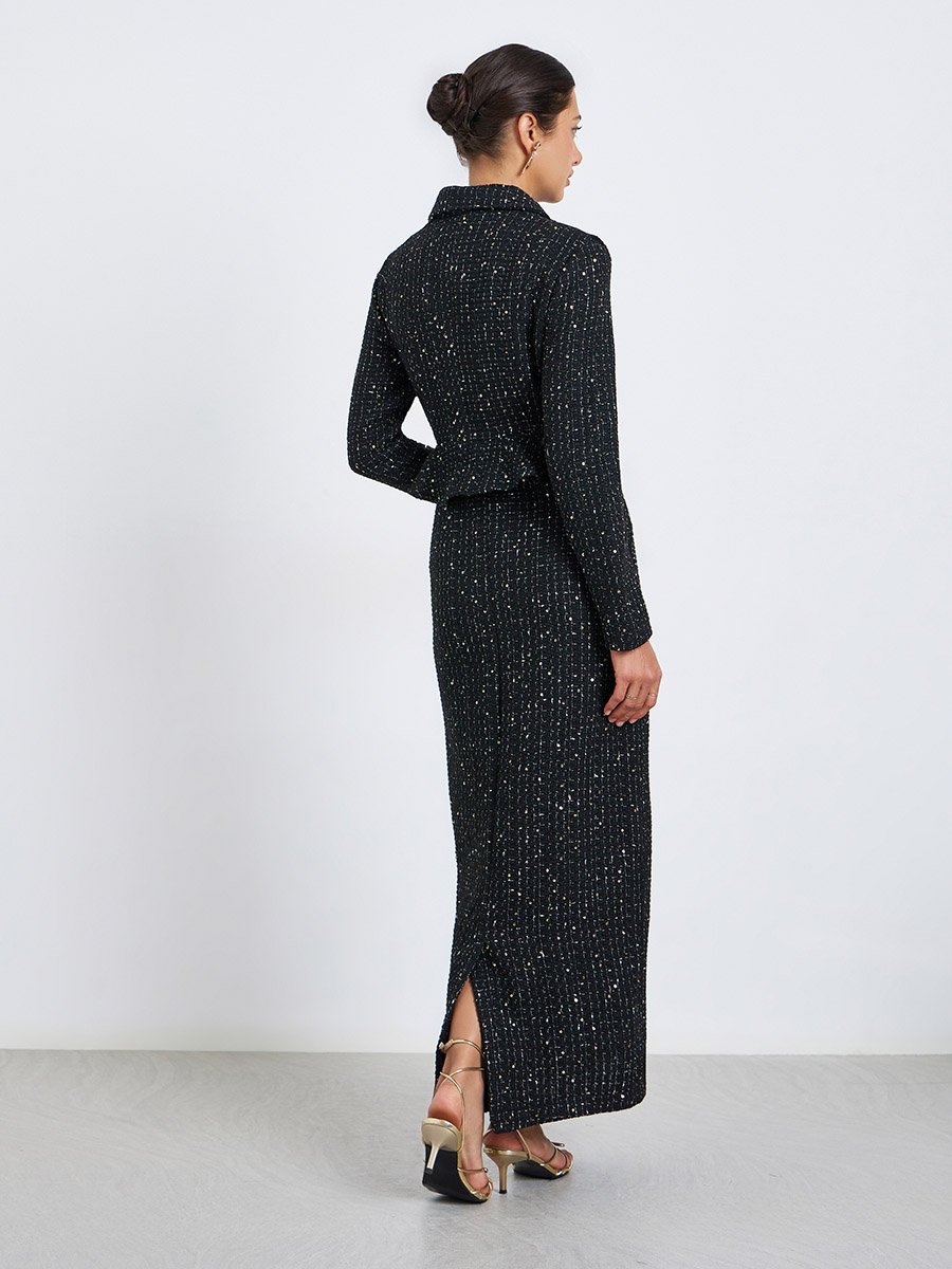 Women Black Tweed Double Breasted Blazer Maxi Dress