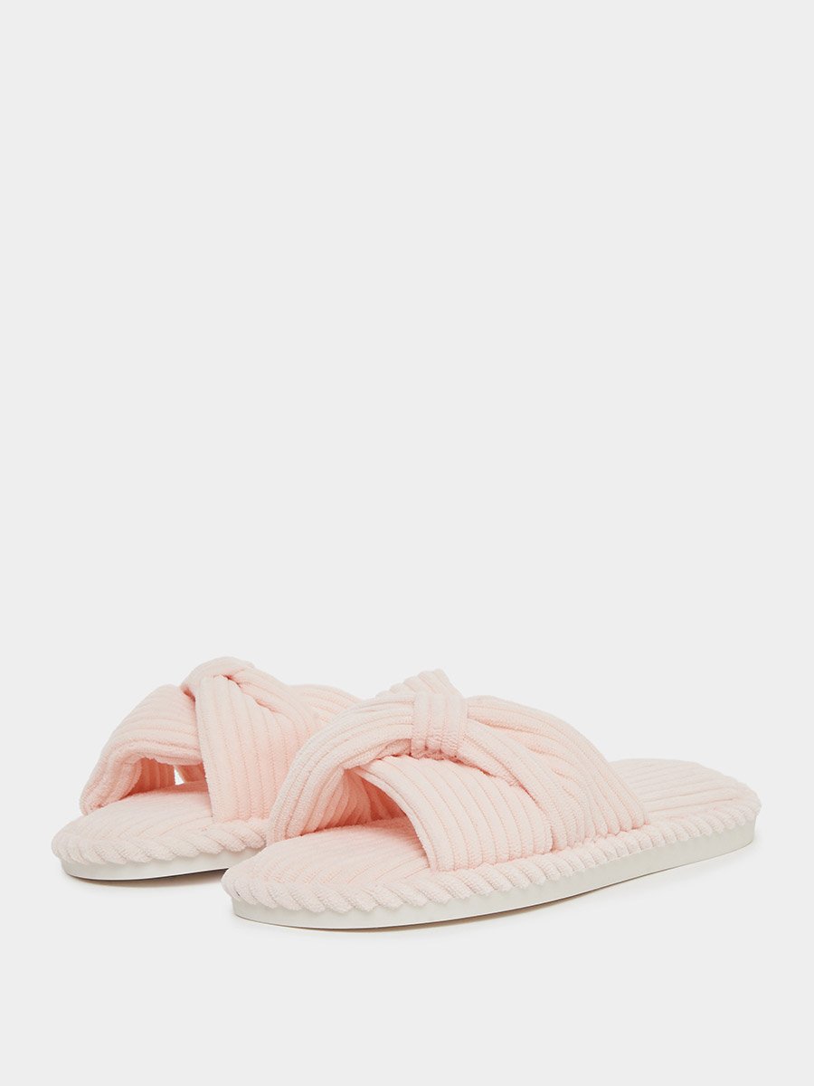 Pink Cross-Over Strap Plush Bedroom Slippers