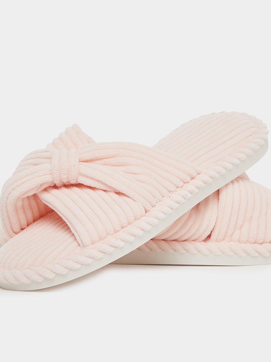 Pink Cross-Over Strap Plush Bedroom Slippers