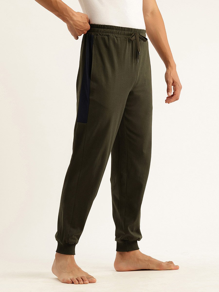 Men Olive Cotton Joggers with Side Panel